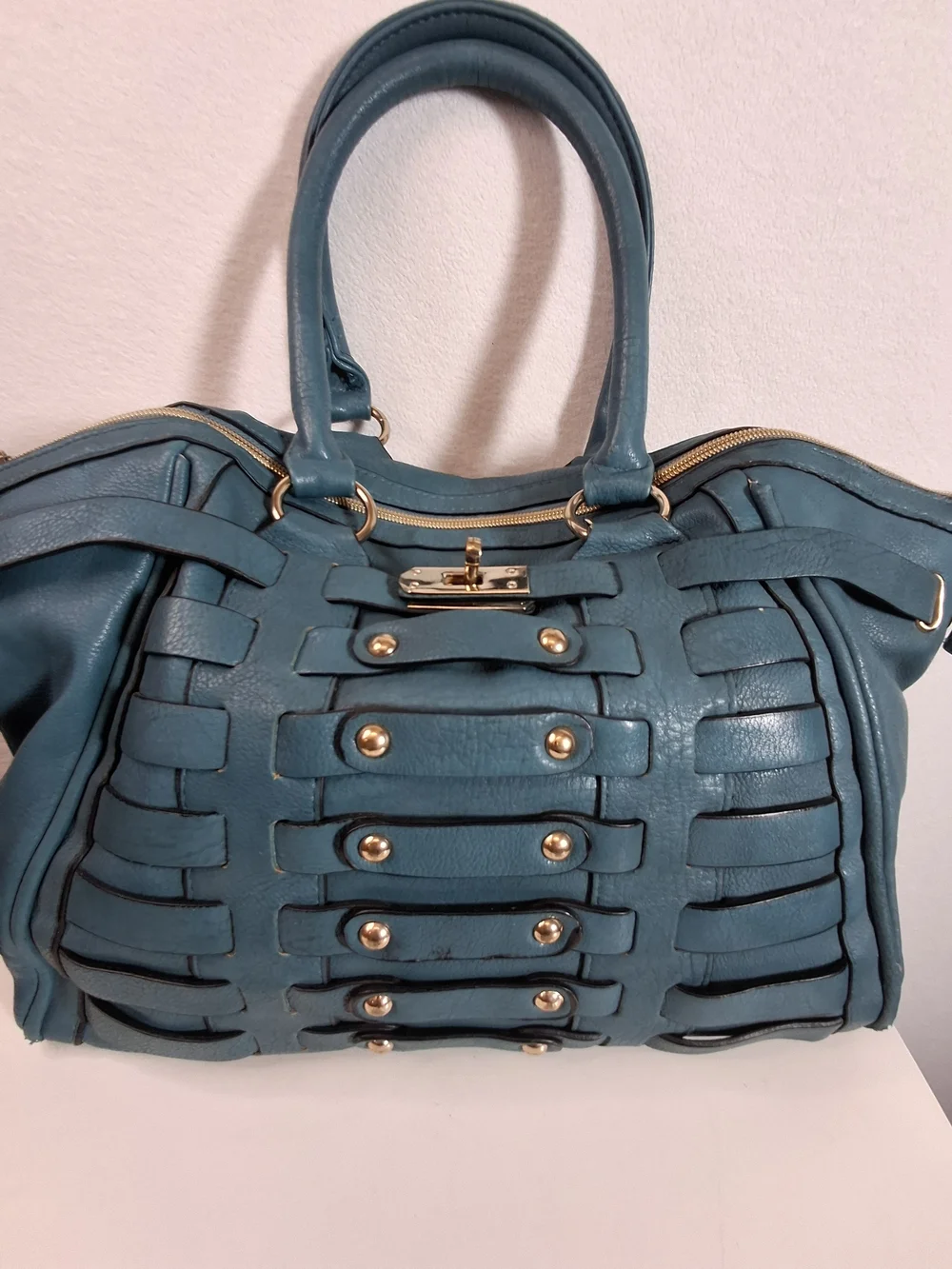 Big Buddha Teal Woven-Panel Tote with Gold Studs - Picture 2 of 14